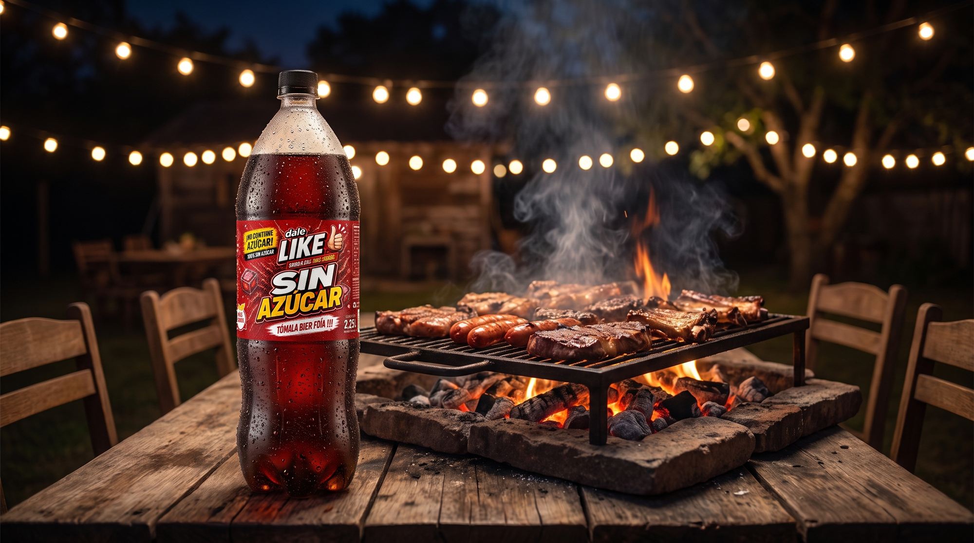 Asado de noche con una Dale Like fría en la mesa